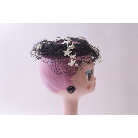 Black Fascinator, Fancy Hat with Veil and White Flowers, Elegant ~ 251124-WH 860 - Picture 2 of 4